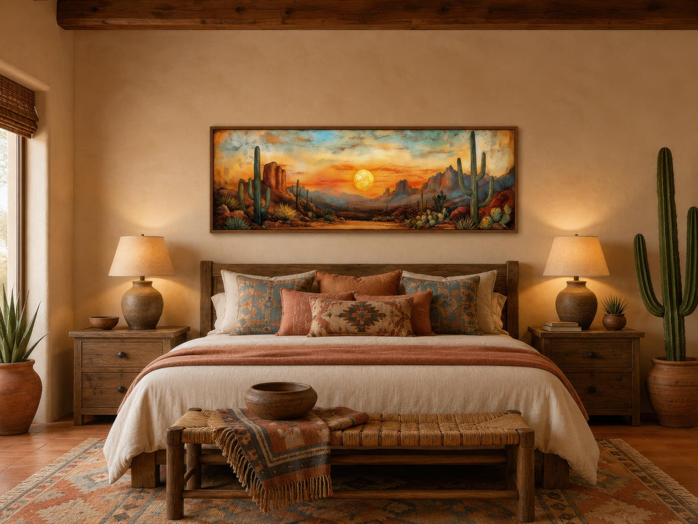 Panoramic Southwestern wall art of a desert sunset with saguaro cacti above a bed.