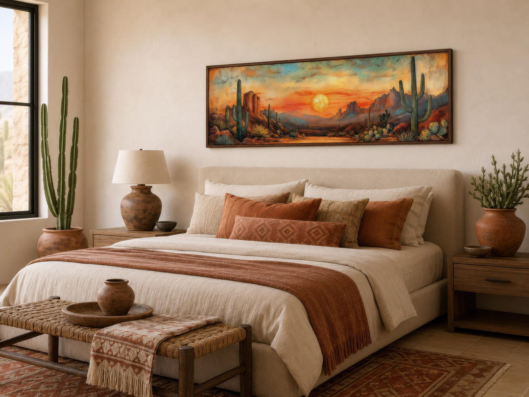 Panoramic Southwestern wall art of a desert sunset with saguaro cacti above a neutral-toned bed.