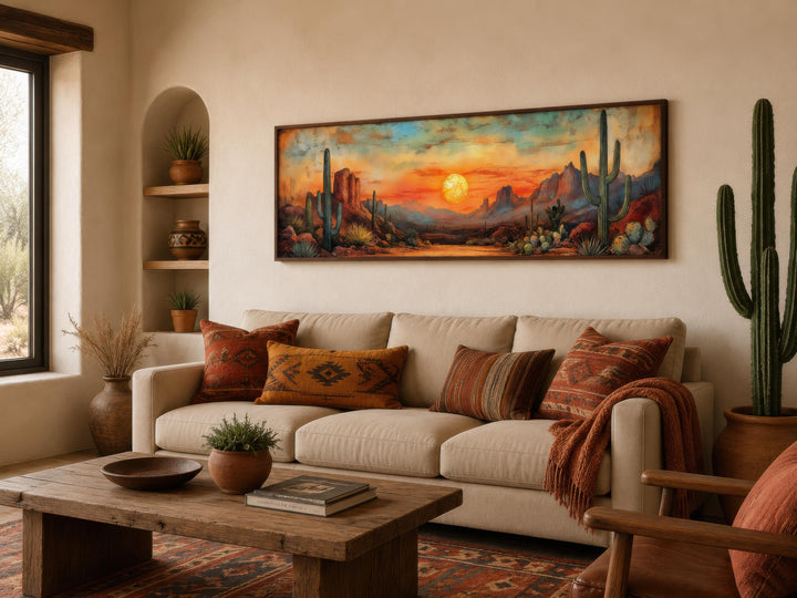 Panoramic Southwestern wall art of a desert sunset with saguaro cacti above a neutral sofa.