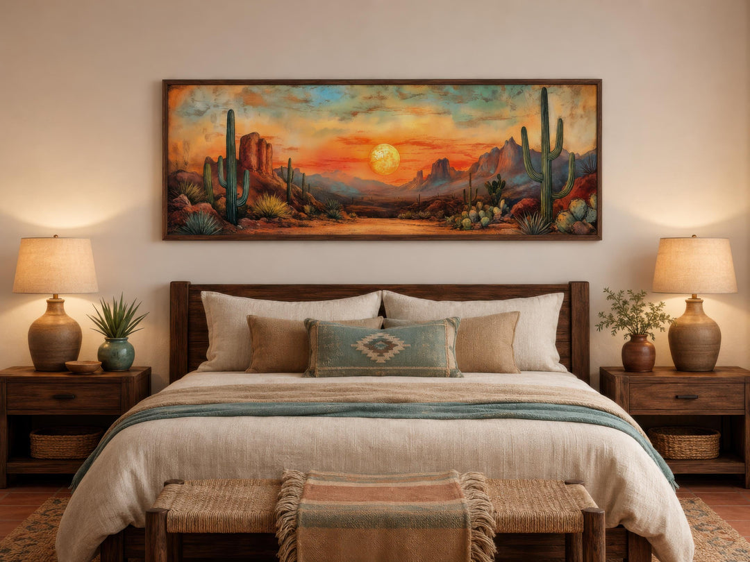 Panoramic Southwestern wall art of a desert sunset with saguaro cacti above a bed.