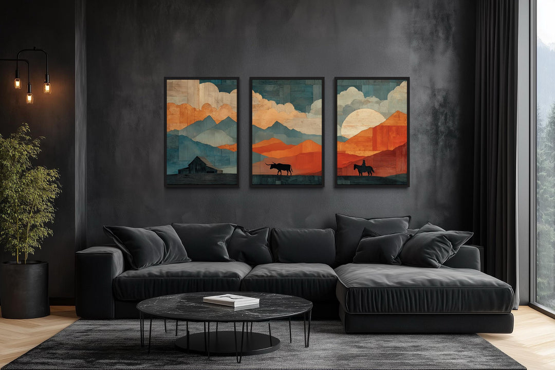 Southwestern Wall Art - Mountain Landscape With Longhorn And Cowboy Art Set of 3