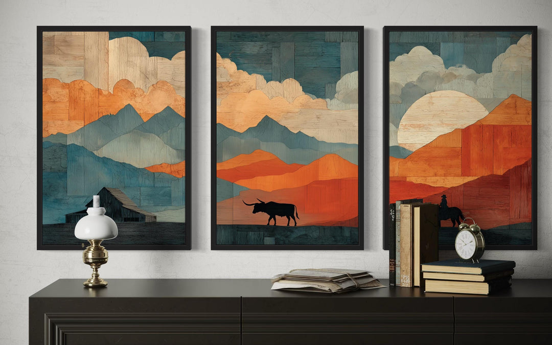 Southwestern Wall Art - Mountain Landscape With Longhorn And Cowboy Art Set of 3