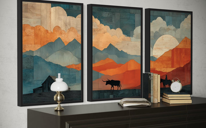 Southwestern Wall Art - Mountain Landscape With Longhorn And Cowboy Art Set of 3