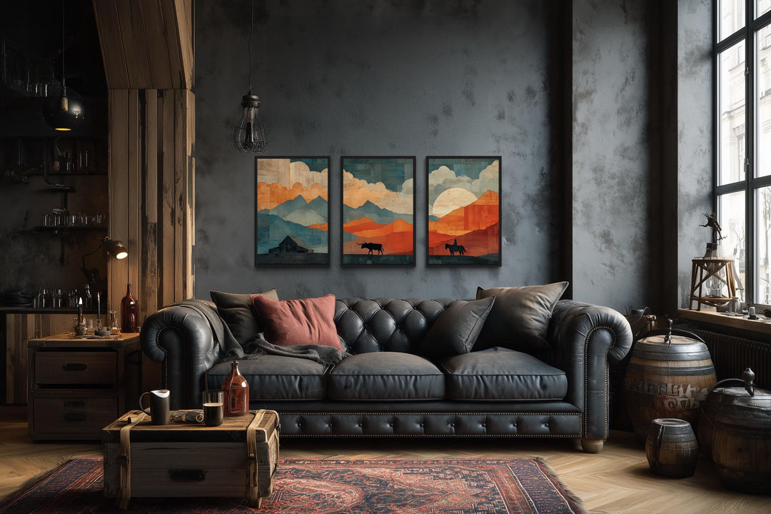 Southwestern Wall Art - Mountain Landscape With Longhorn And Cowboy Art Set of 3