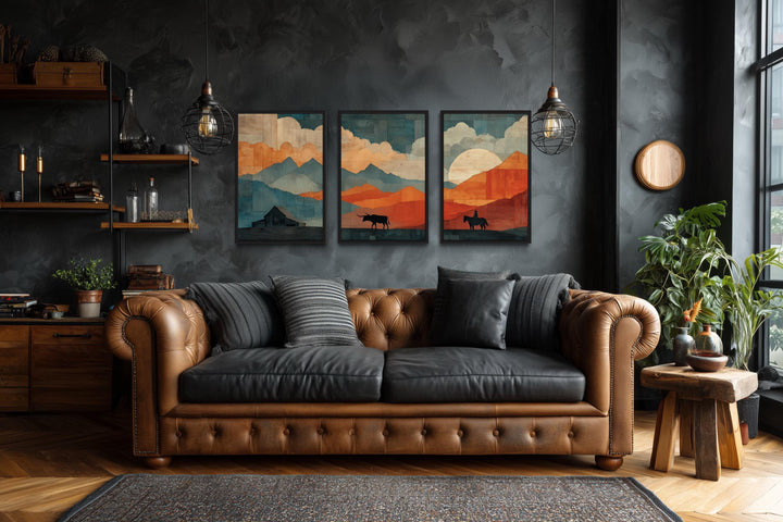 Southwestern Wall Art - Mountain Landscape With Longhorn And Cowboy Art Set of 3
