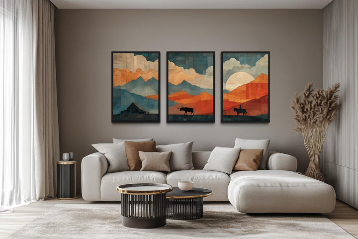 Southwestern Wall Art - Mountain Landscape With Longhorn And Cowboy Art Set of 3