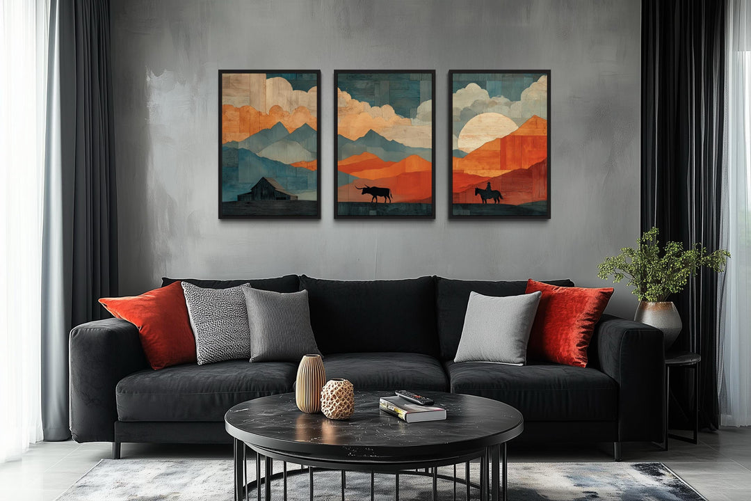 Southwestern Wall Art - Mountain Landscape With Longhorn And Cowboy Art Set of 3