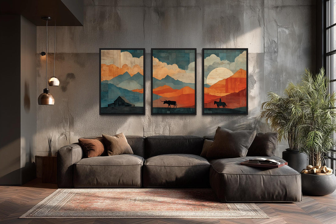 Southwestern Wall Art - Mountain Landscape With Longhorn And Cowboy Art Set of 3
