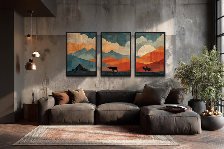 Southwestern Wall Art - Mountain Landscape With Longhorn And Cowboy Art Set of 3
