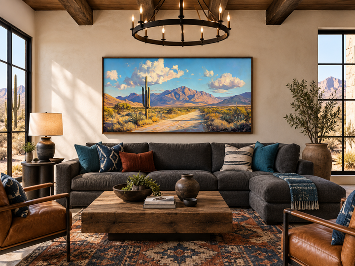 Panoramic Southwestern desert landscape canvas wall art with saguaro cactus and mountains over sofa.