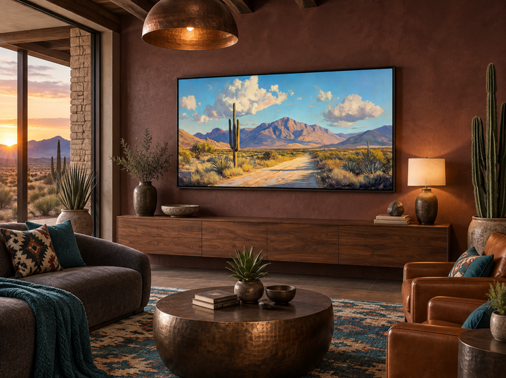 Southwestern desert landscape canvas wall art featuring a saguaro cactus and distant mountains.