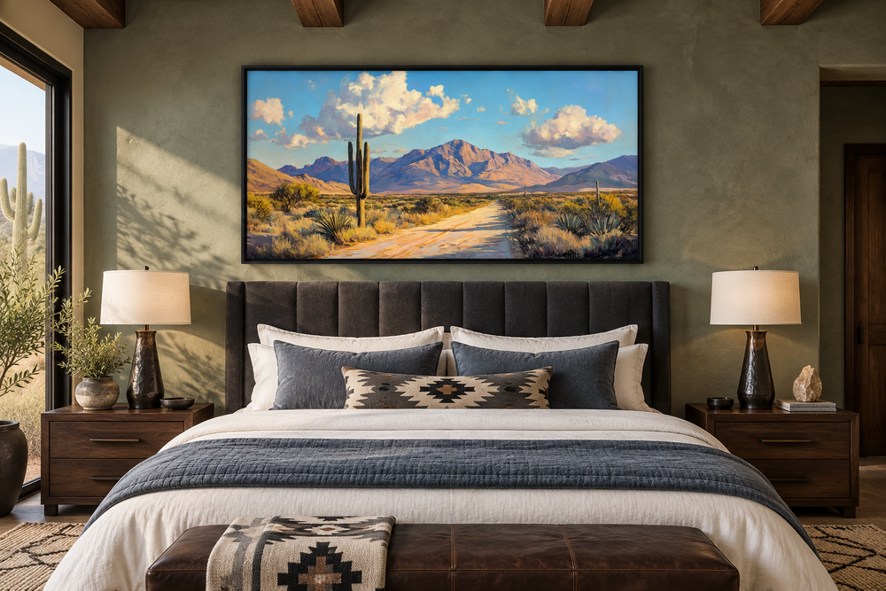 Southwestern desert landscape canvas wall art featuring a saguaro cactus and mountains over a bed.