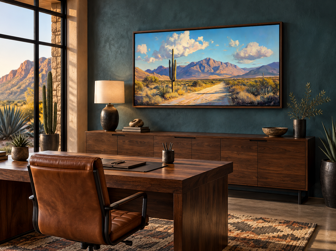 Southwestern desert landscape canvas wall art featuring a saguaro cactus and mountains in an office.