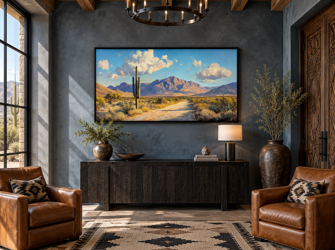 Southwestern desert landscape canvas wall art with saguaro cactus and mountains above a sideboard.
