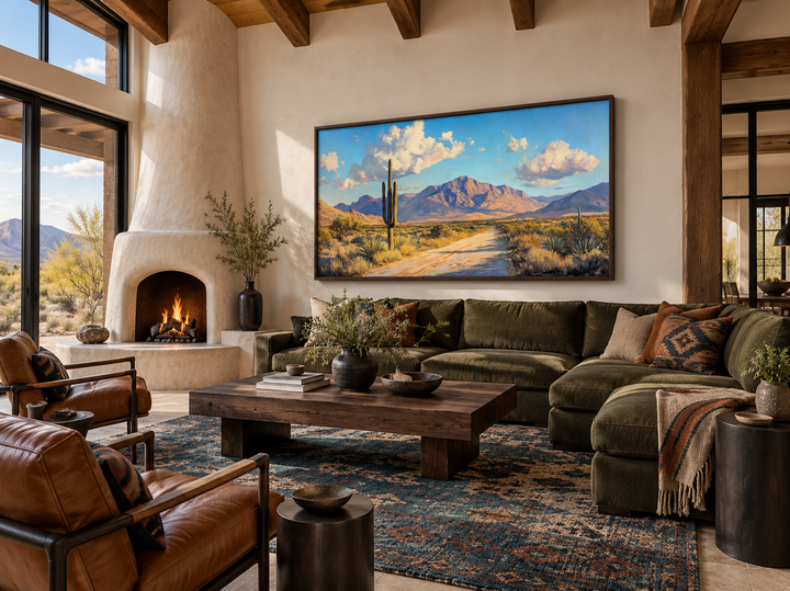 Southwestern desert landscape canvas wall art featuring a saguaro cactus and mountains over a sofa.