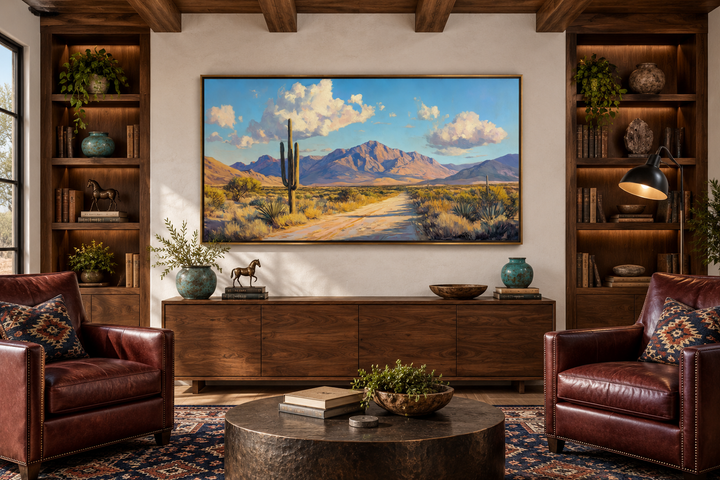 Southwestern desert landscape canvas wall art featuring a saguaro cactus and mountains.