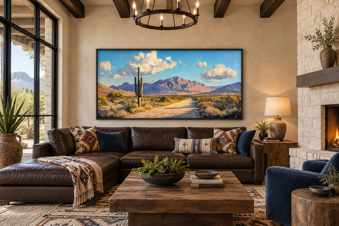 Panoramic Southwestern desert landscape canvas wall art with saguaro cactus and mountains.
