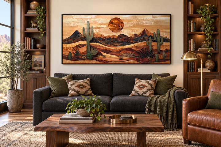 Southwestern desert landscape wood-style canvas wall art above a sofa in a rustic living room.