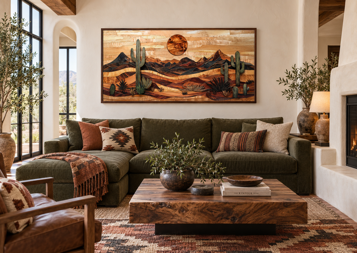 Southwestern desert landscape wood-style canvas wall art above a green sofa in a rustic living room.