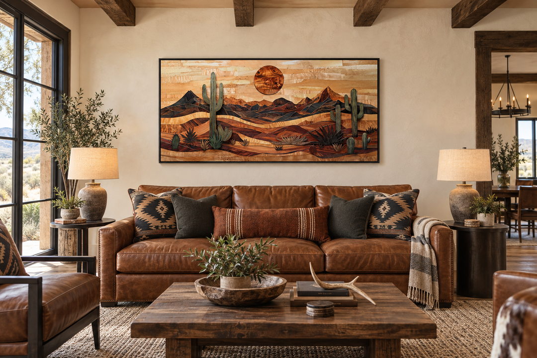 Southwestern desert landscape wood-style canvas wall art above a leather sofa in a rustic room.