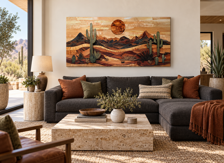 Southwestern desert landscape wood-style canvas wall art above a dark sofa in a modern living room.