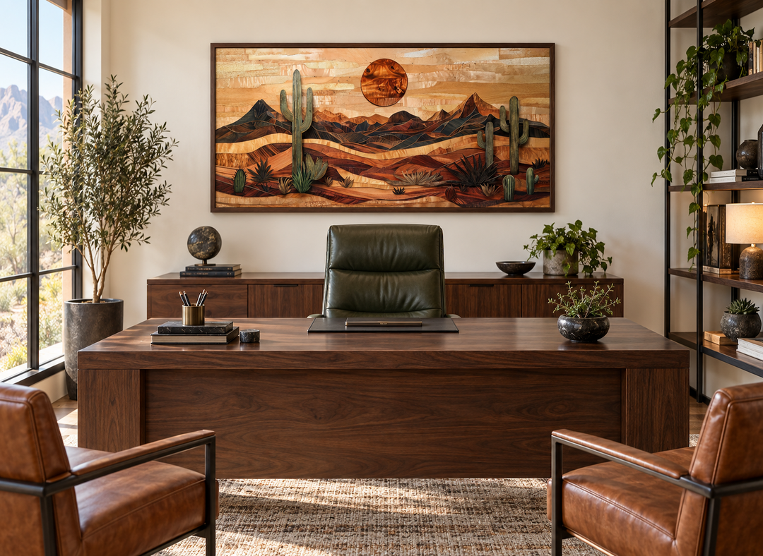 Southwestern desert landscape wood-style canvas wall art above a desk in a modern office.