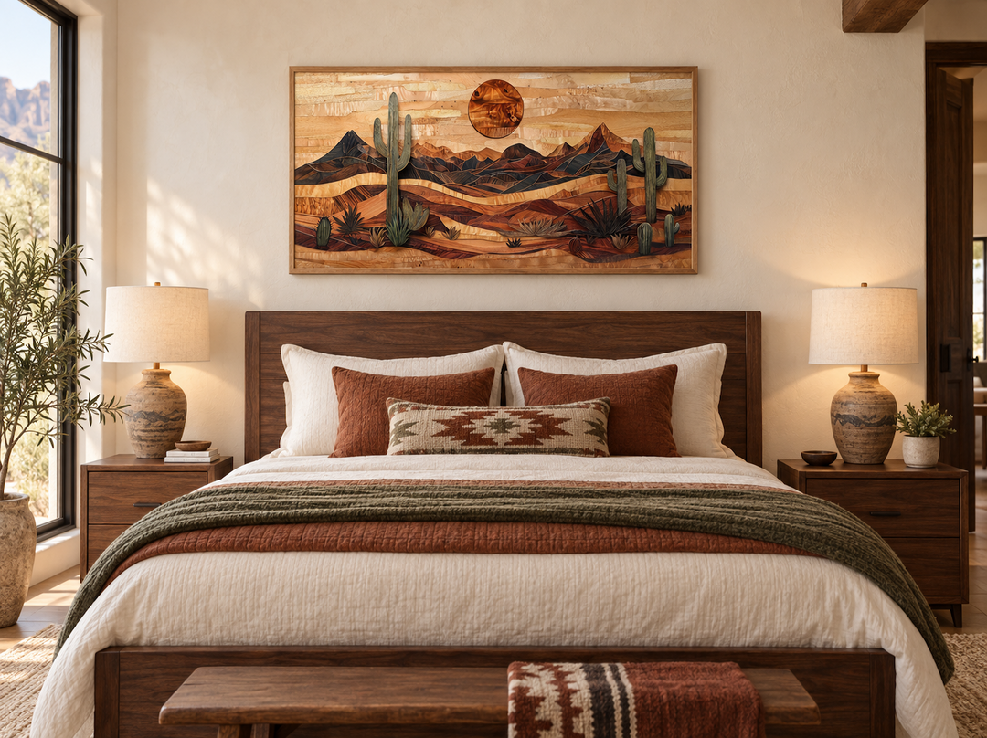 Southwestern desert landscape wood-style canvas wall art above a bed in a rustic bedroom.