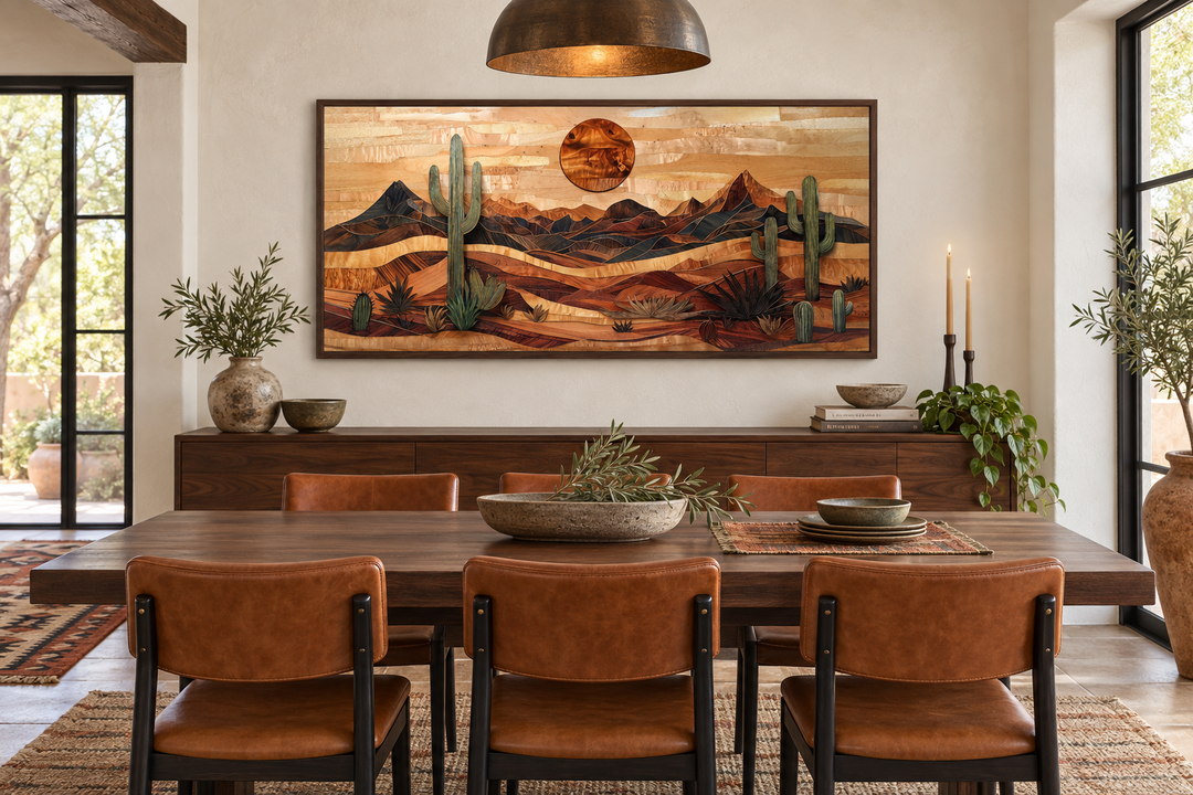 Southwestern desert landscape wood-style canvas wall art above a dining table with leather chairs.