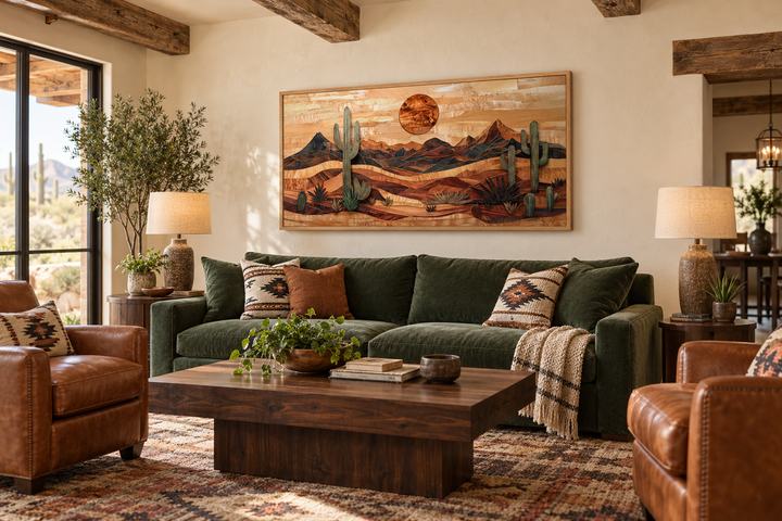 Southwestern desert landscape wood-style canvas wall art with cacti and mountains over a green sofa.