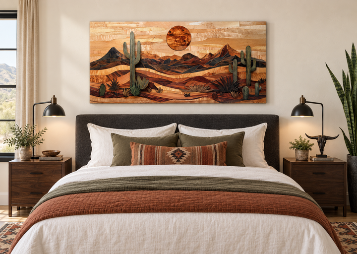 Southwestern desert landscape wood-style canvas wall art above a bed in a rustic bedroom.
