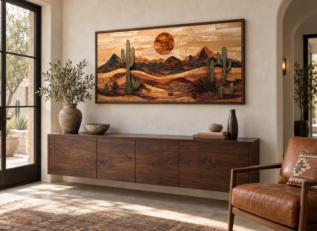 Southwestern desert landscape wood-style canvas wall art with cacti and mountains above a console.