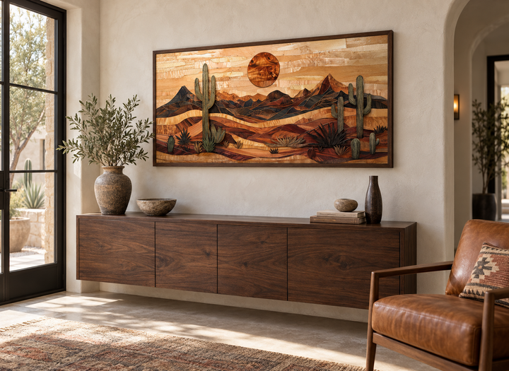 Southwestern desert landscape wood-style canvas wall art with cacti and mountains above a console.