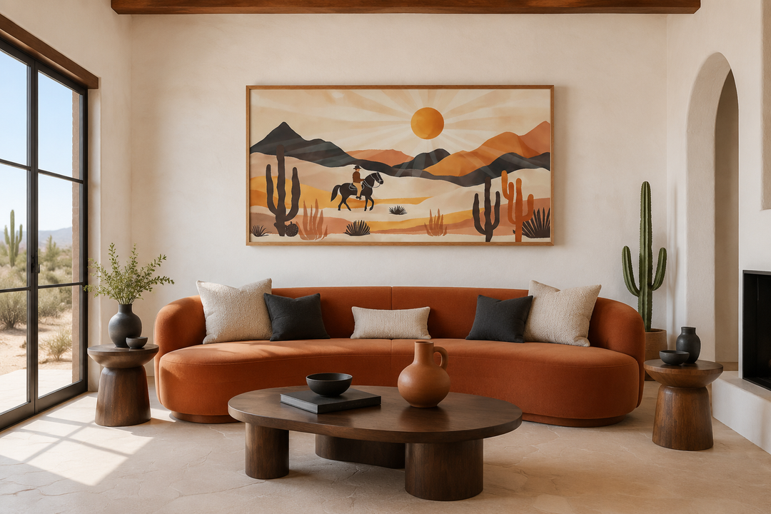 Cowboy in the desert framed canvas wall art in a modern southwestern living room.