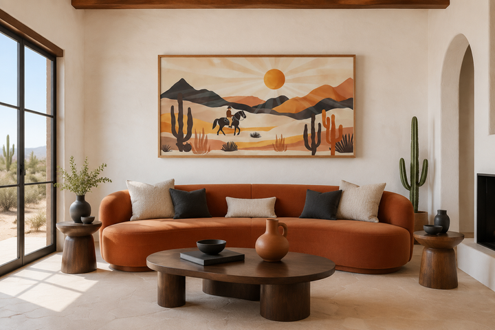 Cowboy in the desert framed canvas wall art in a modern southwestern living room.
