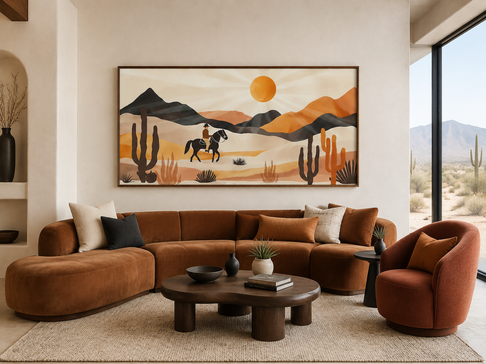 Framed canvas wall art of a cowboy riding through a desert landscape with cacti and mountains.