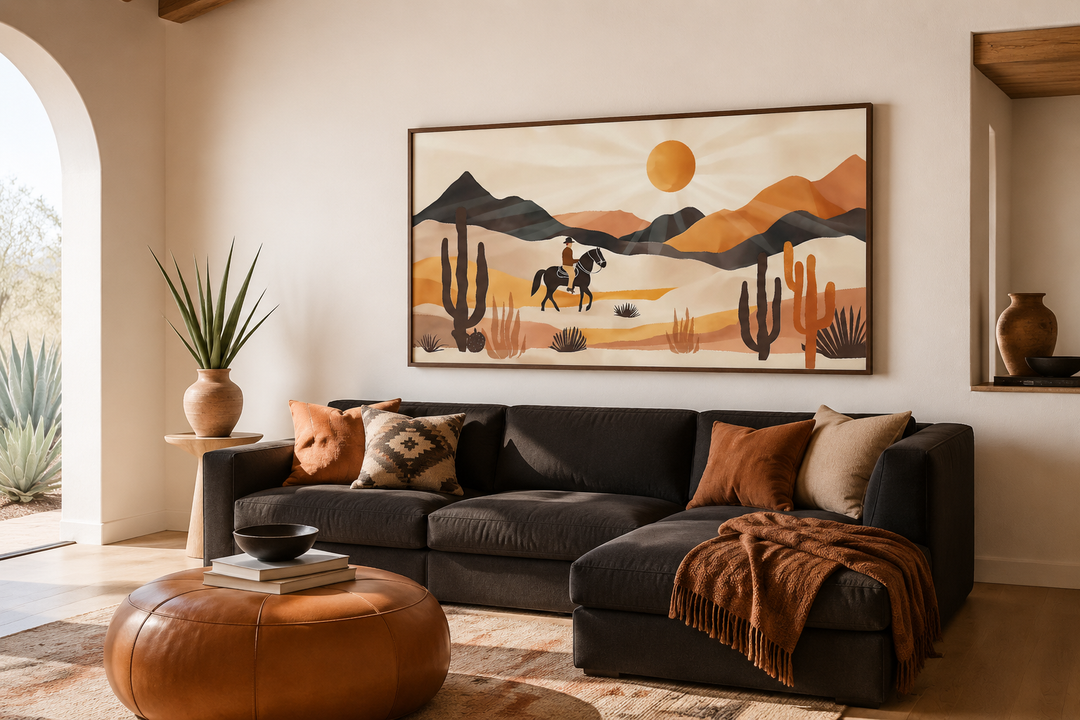 Cowboy in the desert framed canvas wall art above a dark sofa in a southwestern living room.