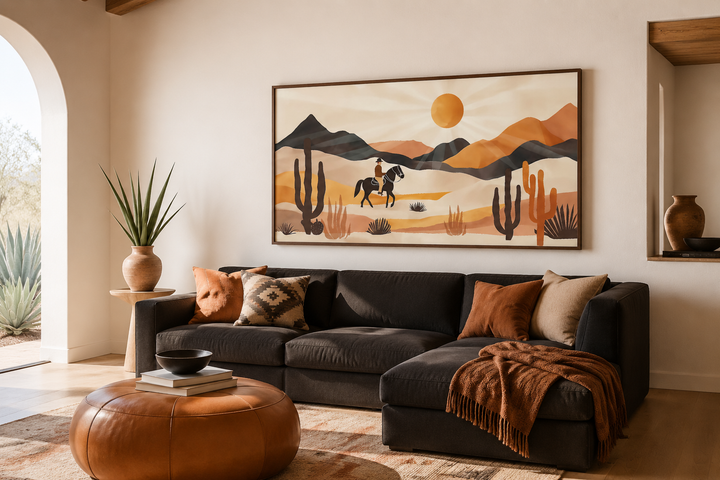 Cowboy in the desert framed canvas wall art above a dark sofa in a southwestern living room.