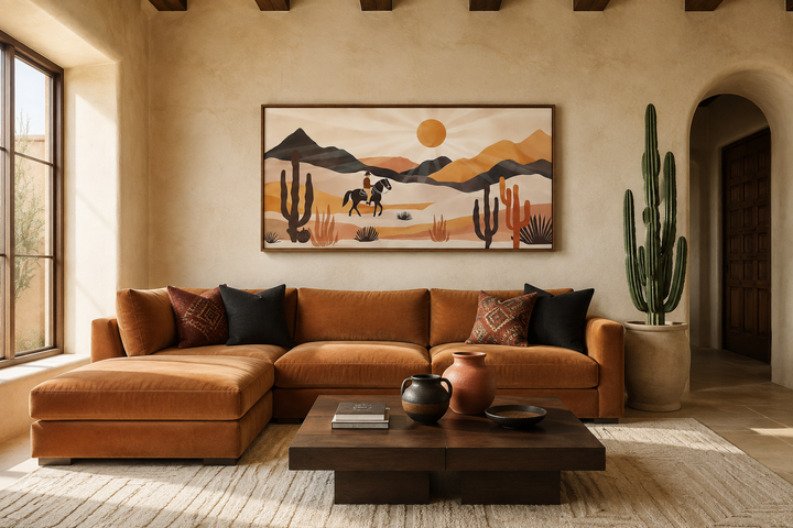 Cowboy in the desert framed canvas wall art above a brown sectional sofa in a southwestern room.