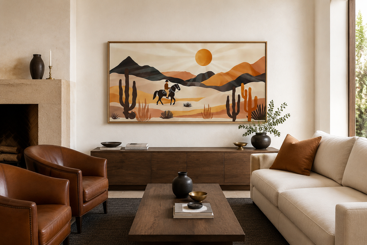 Cowboy in the desert framed canvas wall art in a modern living room with southwestern decor.