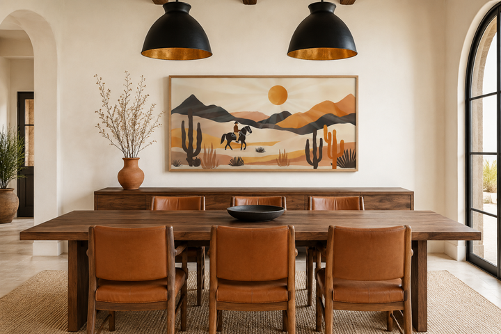 Cowboy in the desert framed canvas wall art above a wooden dining table with leather chairs.