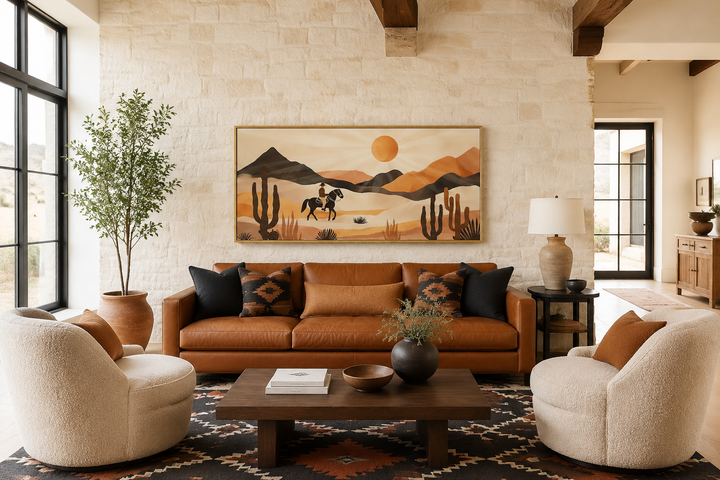 Cowboy in the desert framed canvas wall art above a leather sofa in a southwestern living room.