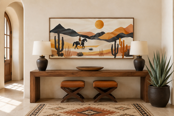 Framed canvas wall art of a cowboy riding through a desert with cacti and mountains.