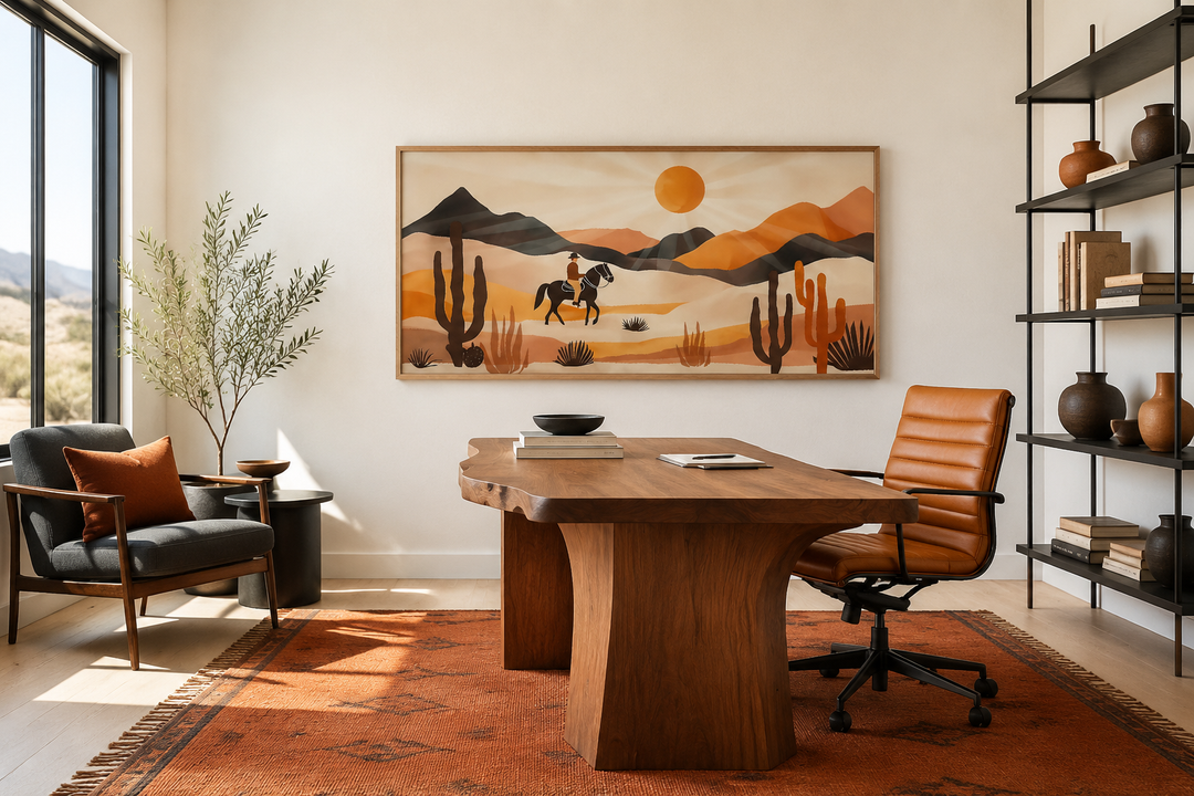 Cowboy in the desert framed canvas wall art with southwestern landscape and warm earthy tones.