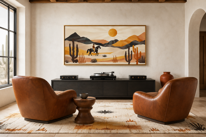 Framed canvas wall art of a cowboy riding through a desert landscape with cacti and mountains.