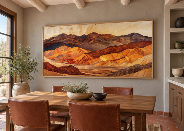 Death Valley layered wood style painting framed canvas wall art in a Southwestern dining room.