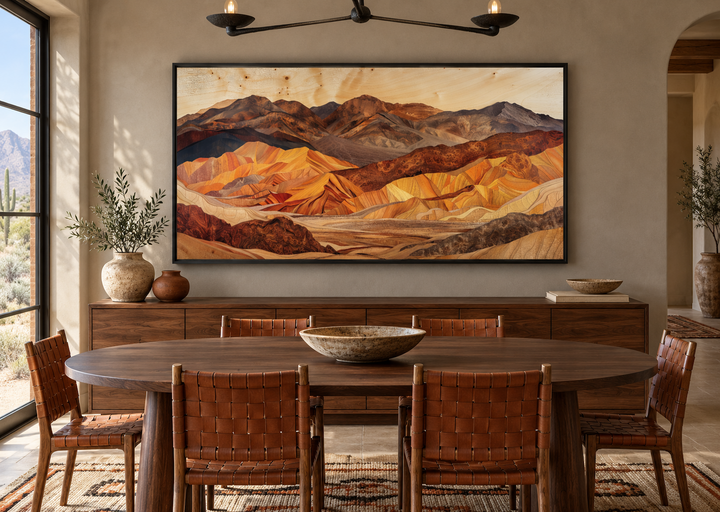 Death Valley layered wood style framed canvas wall art in a Southwestern dining room.