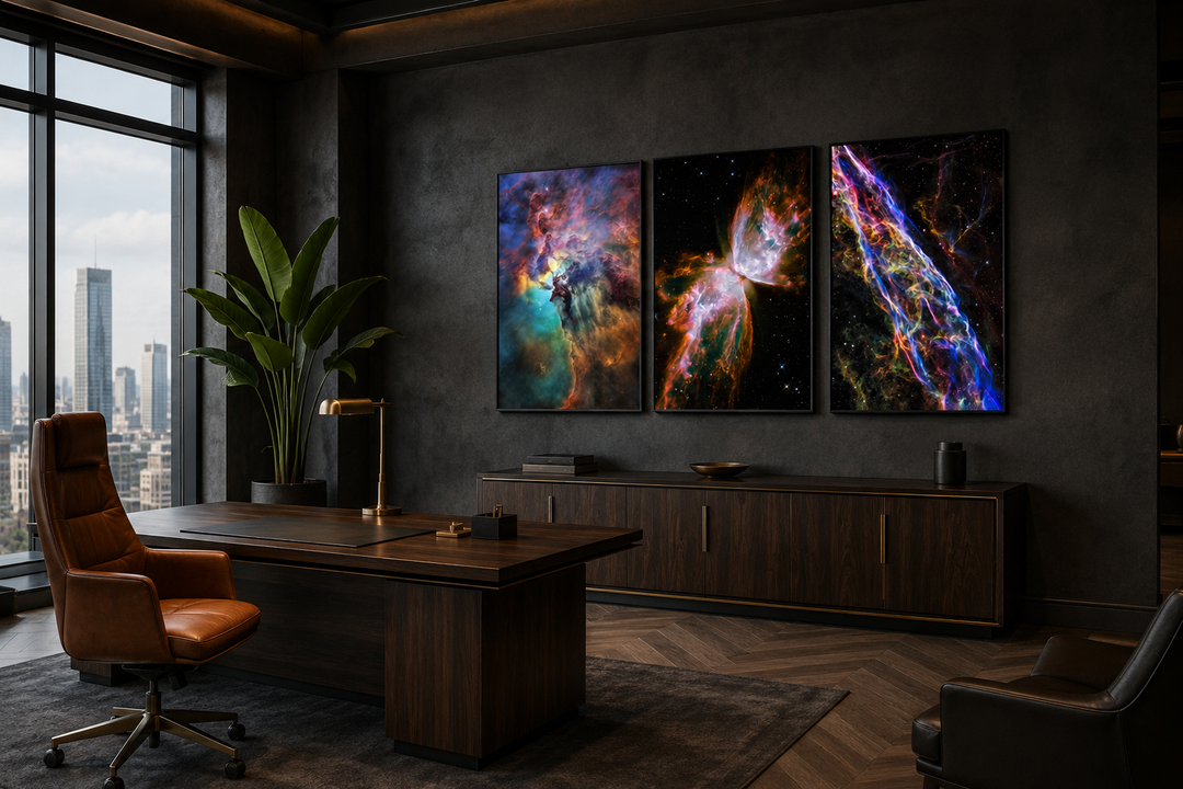 Set of 3 space nebula wall art prints featuring the Lagoon, Butterfly, and Veil nebulae in an office.