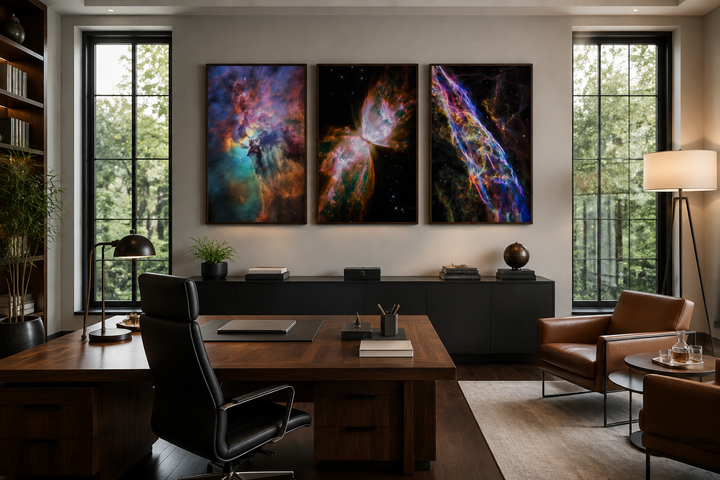 Set of 3 Hubble Telescope nebula photographs framed on a wall in a modern home office.