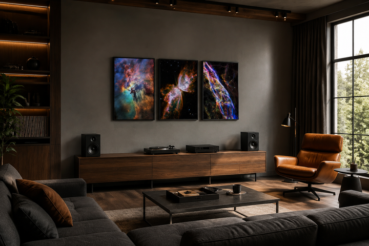Set of 3 framed Hubble Telescope nebula photographs displayed over a wooden console in a room.