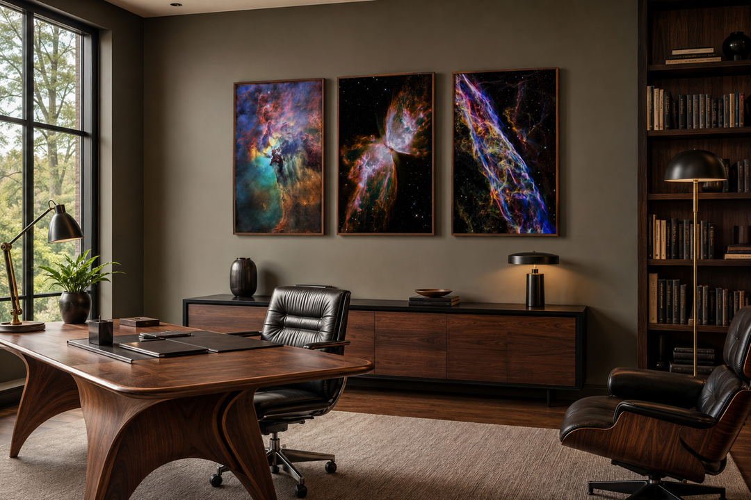 Set of 3 framed Hubble Telescope nebula photographs hanging in a modern office above a sideboard.